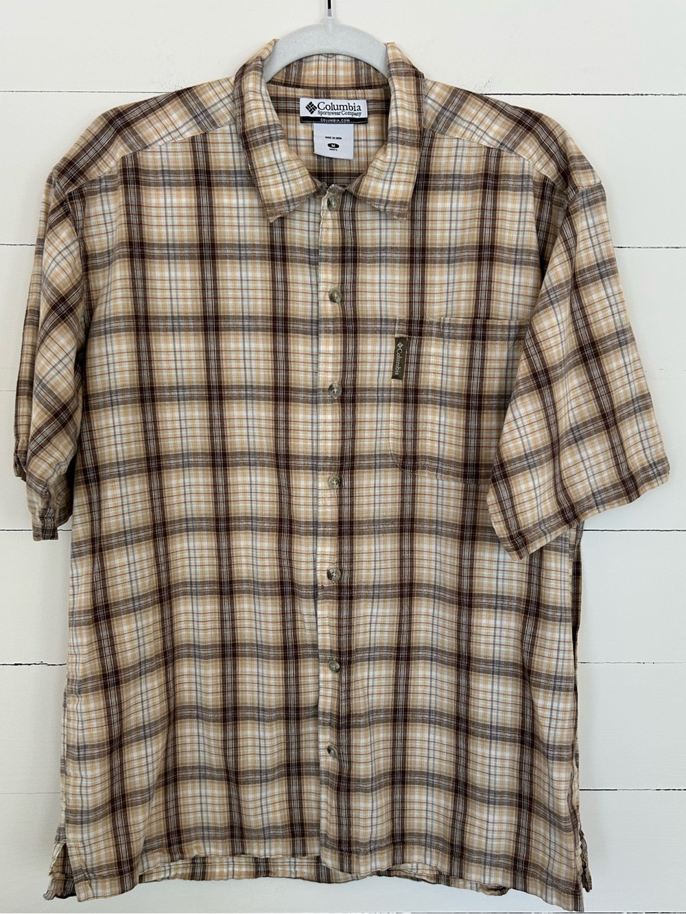 Columbia Men’s Beige and Brown Plaid Short-Sleeve Button-Down Shirt SZ: Med - Picture 1 of 5